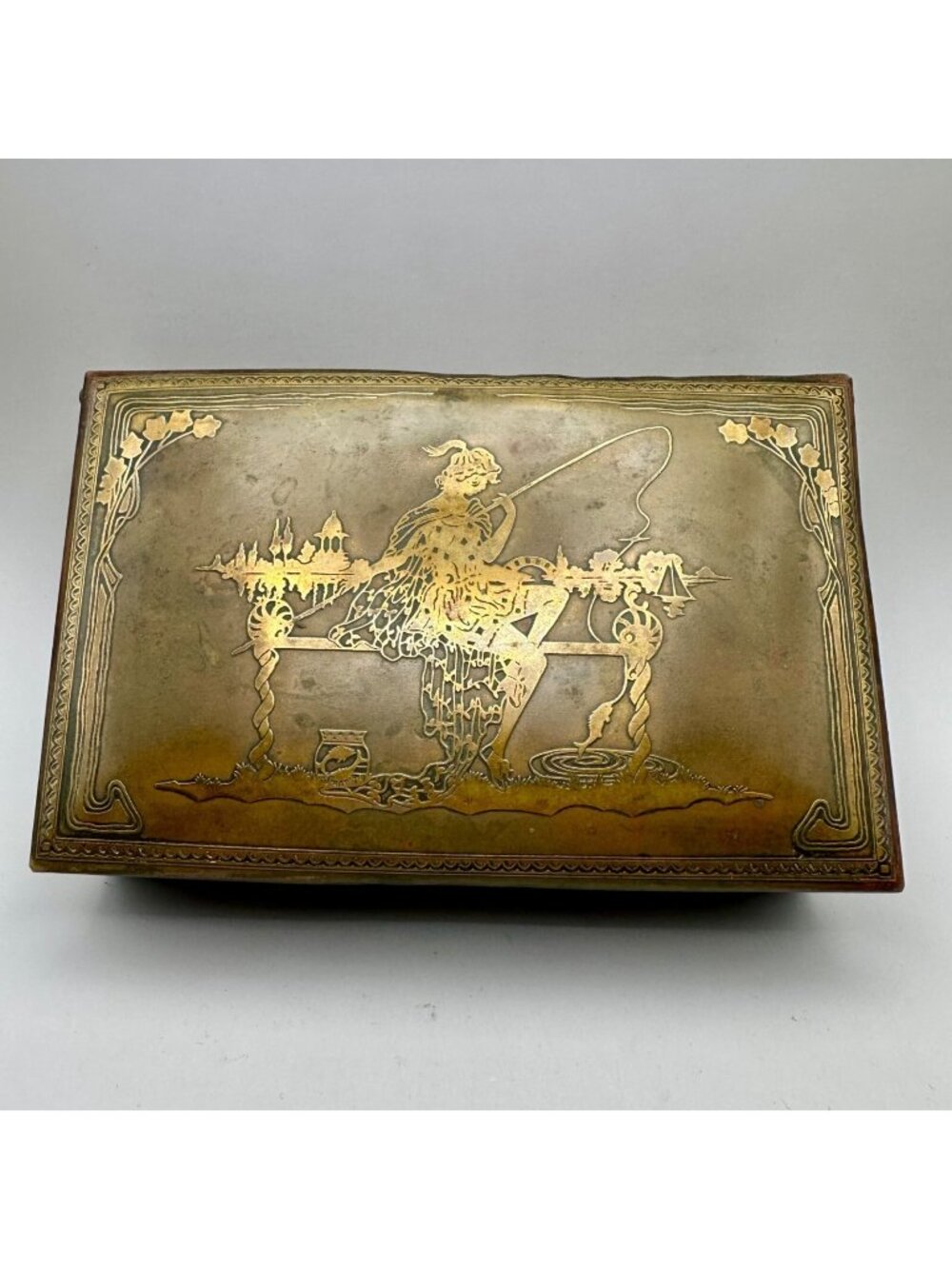 Old Brass Box Engraved Woman Fishing Scene Ivy Floral Art Nouveau Edges Designs